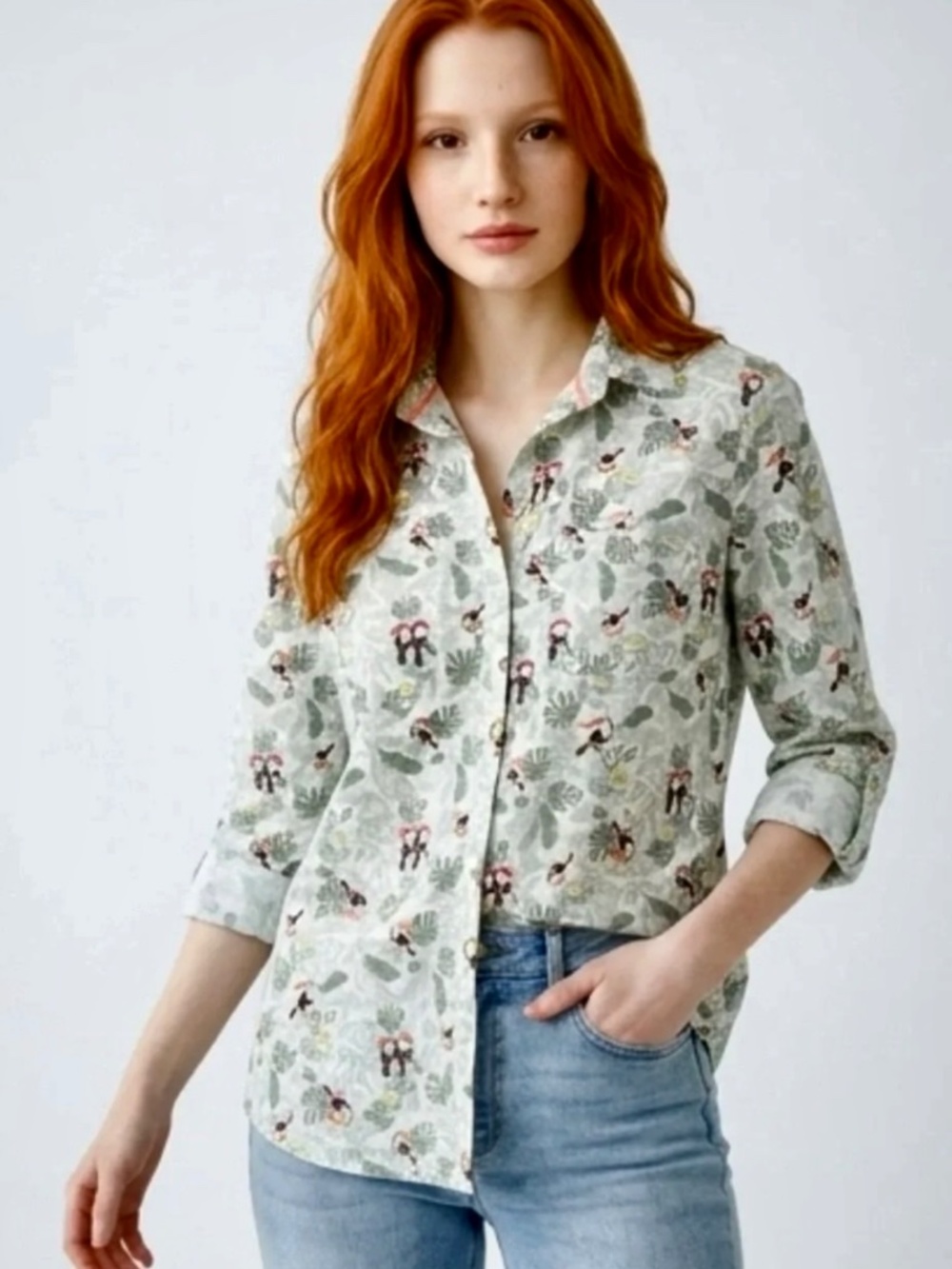 Croft & Barrow Women's Long Sleeve Cotton Button Down Top Toucan Tropical Size M